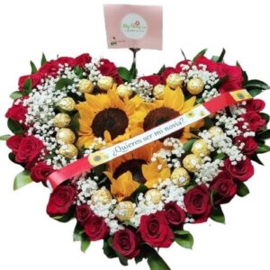 Caja Corazón Personalizada Con Rosas y Girasoles