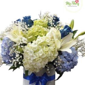 Cilindro Hortensias, Lirios y rosas Azules