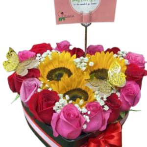 Caja Corazón con Rosas y Girasoles