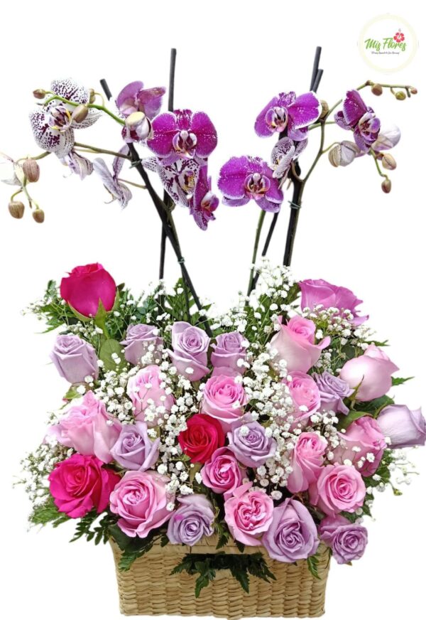 Canasta con rosas y orquideas cymbidium
