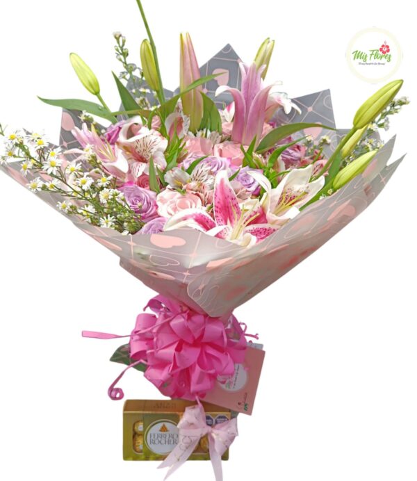 Bouquet Con Rosas, Lirios y Chocolates Ferrero