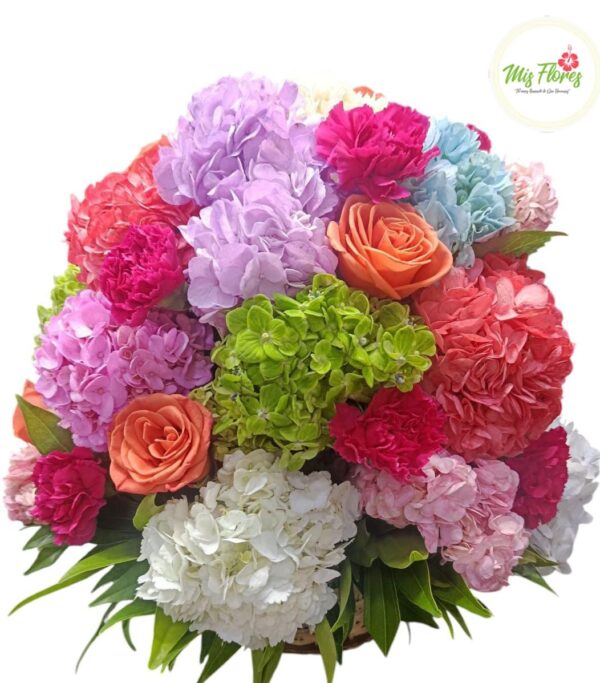 Canasto Con Hortensias Y Rosas