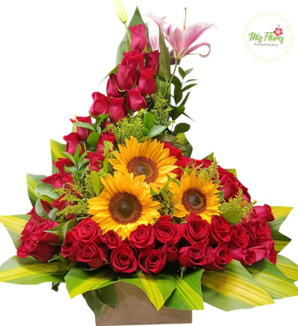 Arreglo Con Rosas Rojas y Girasoles