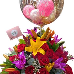 Canasta Con Rosas, Lirios Y Globo