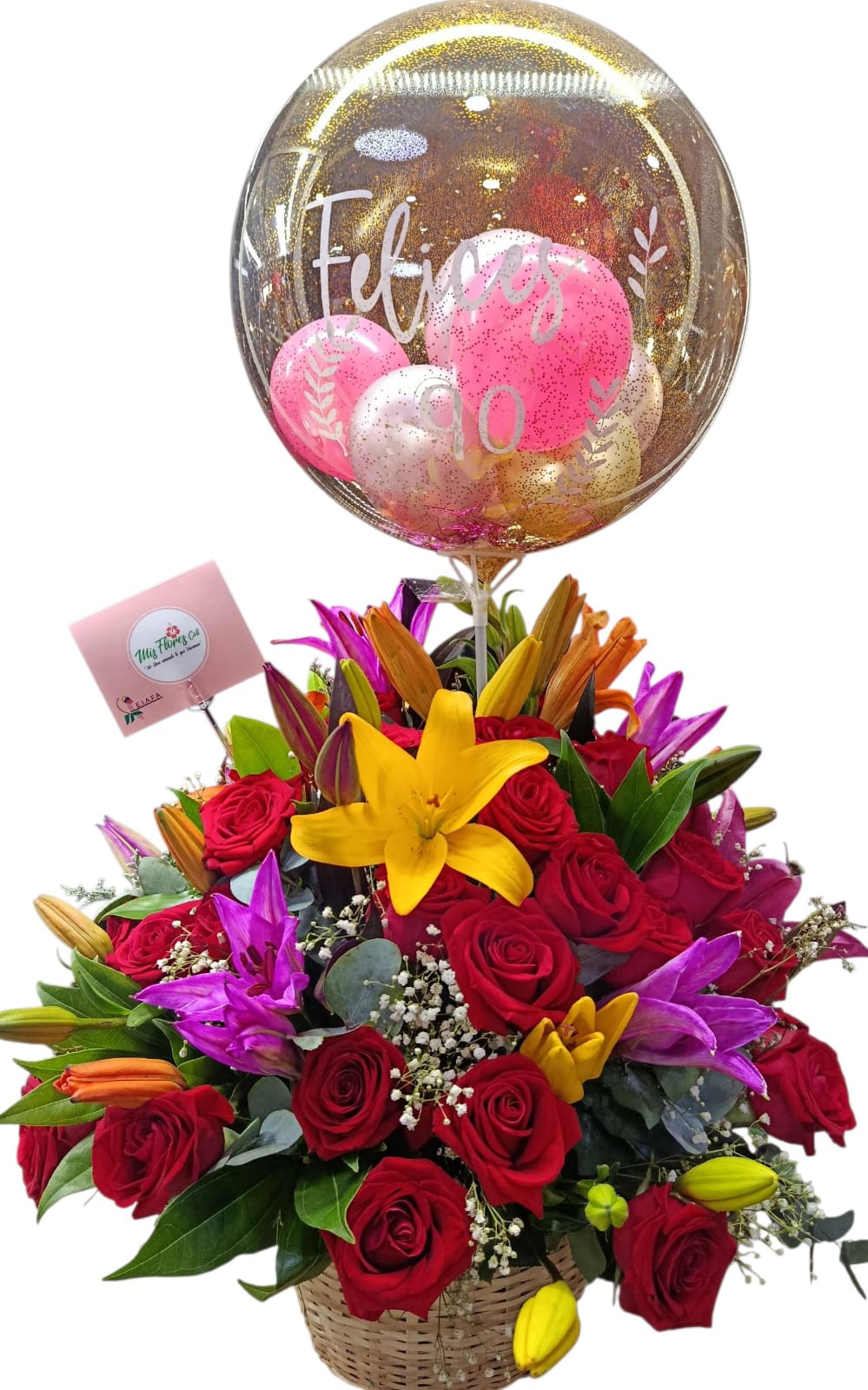 Canasta Con Rosas, Lirios Y Globo