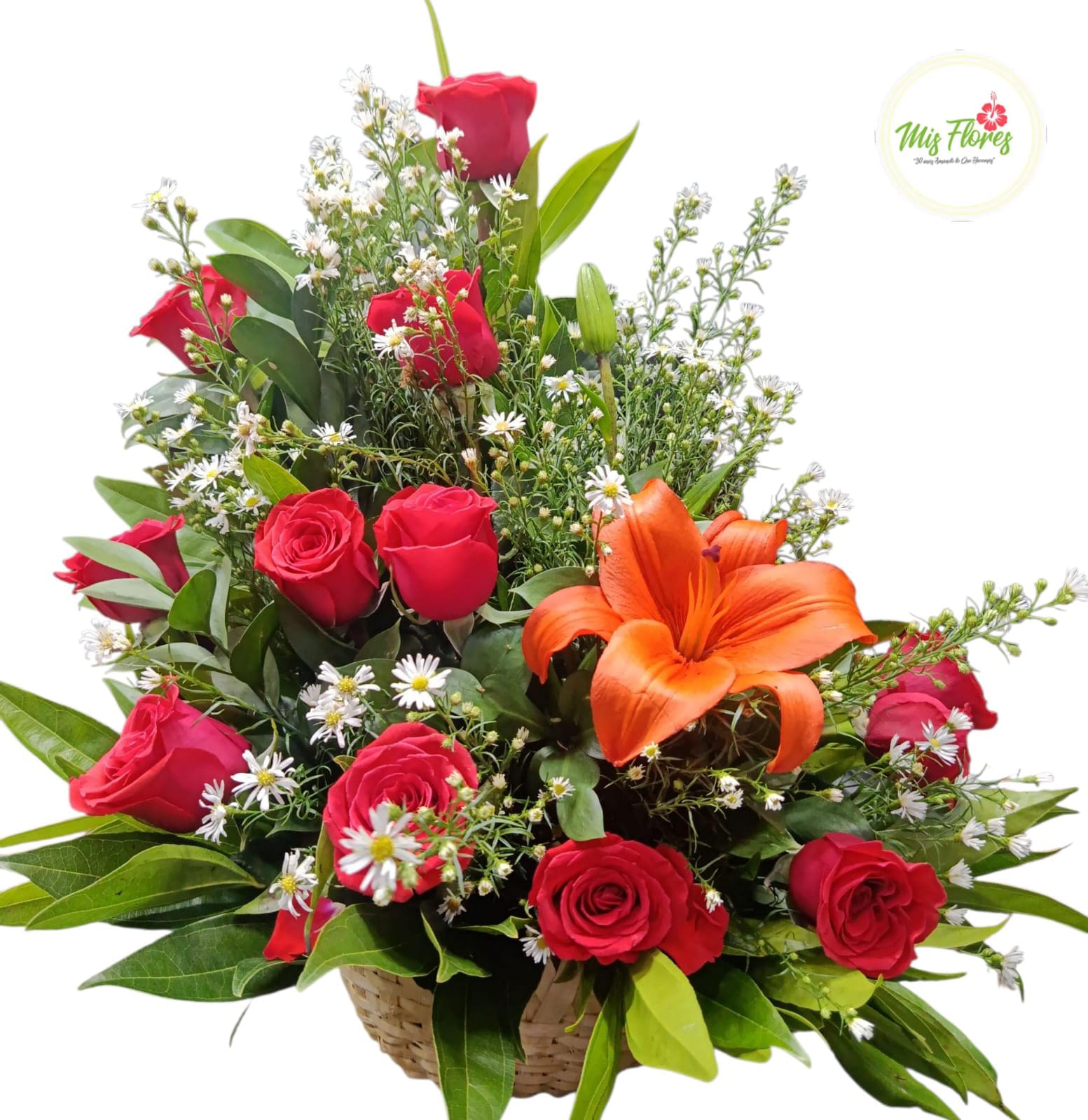 Canasta Floral Con Rosas Y Lirios