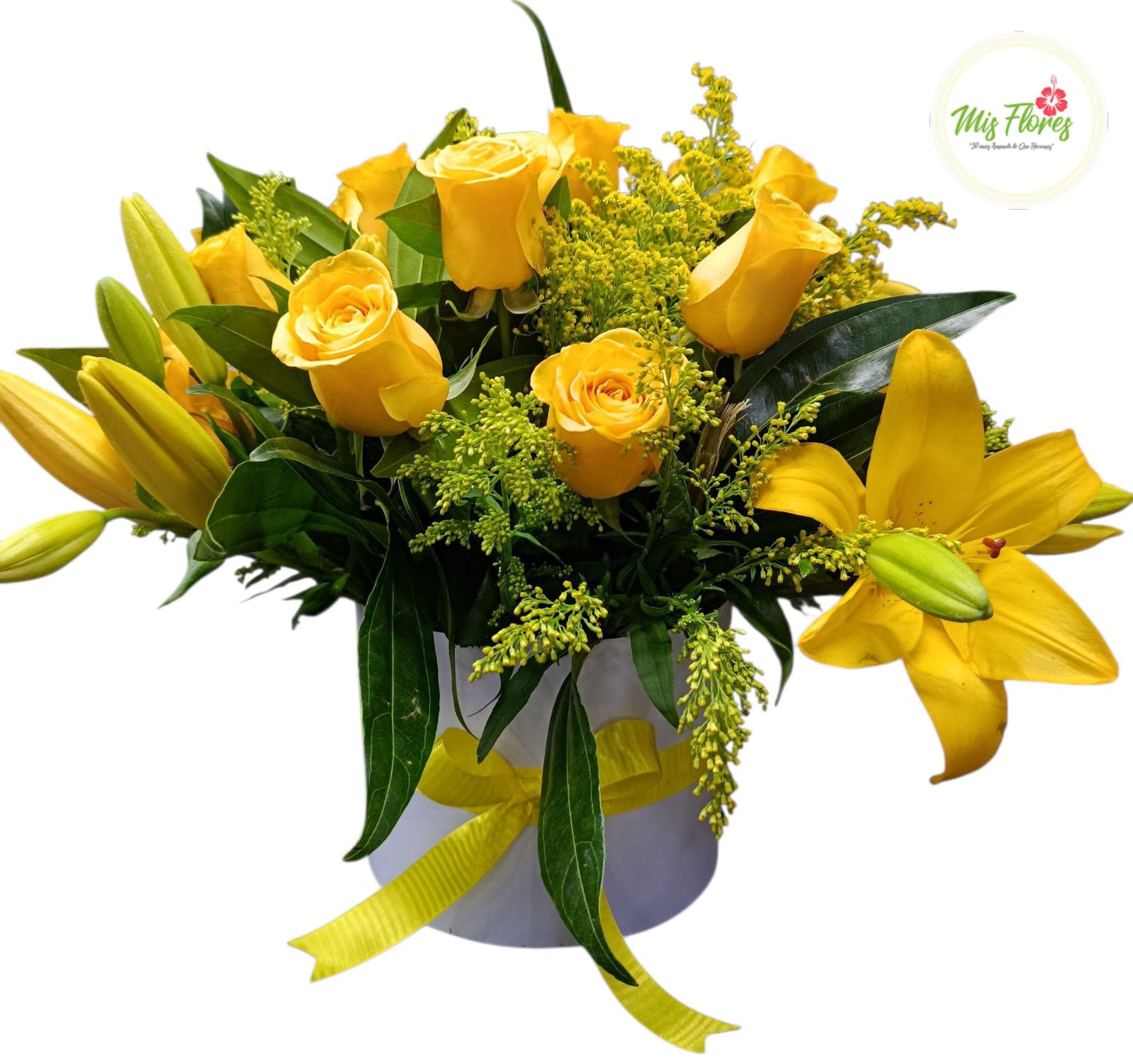 Cilindro Con Rosas Y Lirios Amarillos