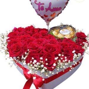Caja Corazón Con Rosas Y Chocolates Ferrero