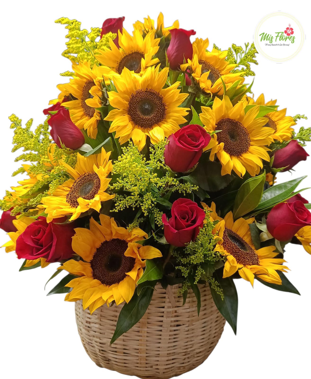 Canasto Con Rosas Y Girasoles