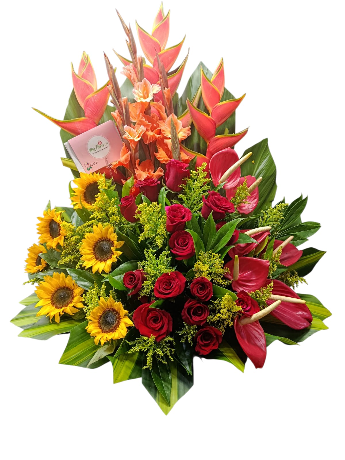 Arreglo Floral Con Rosas Y Girasoles.