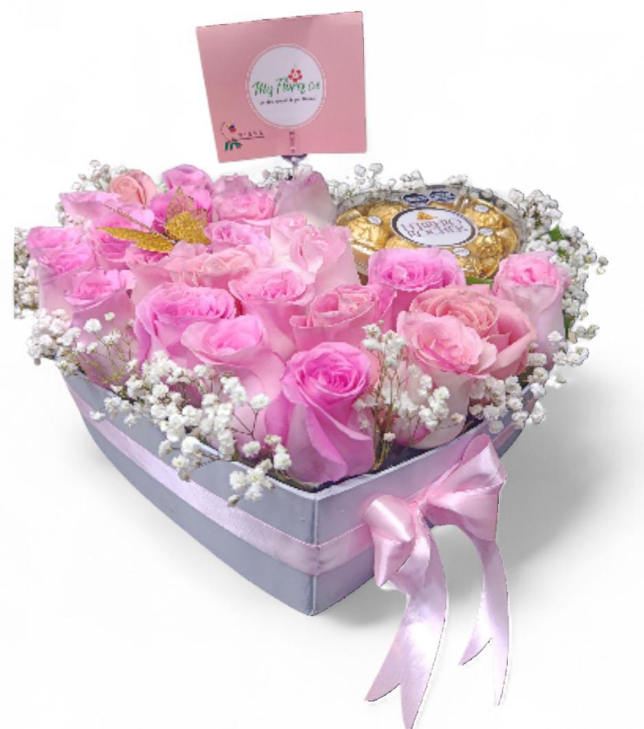 Caja Corazón Con Rosas Y ferrero Rocher
