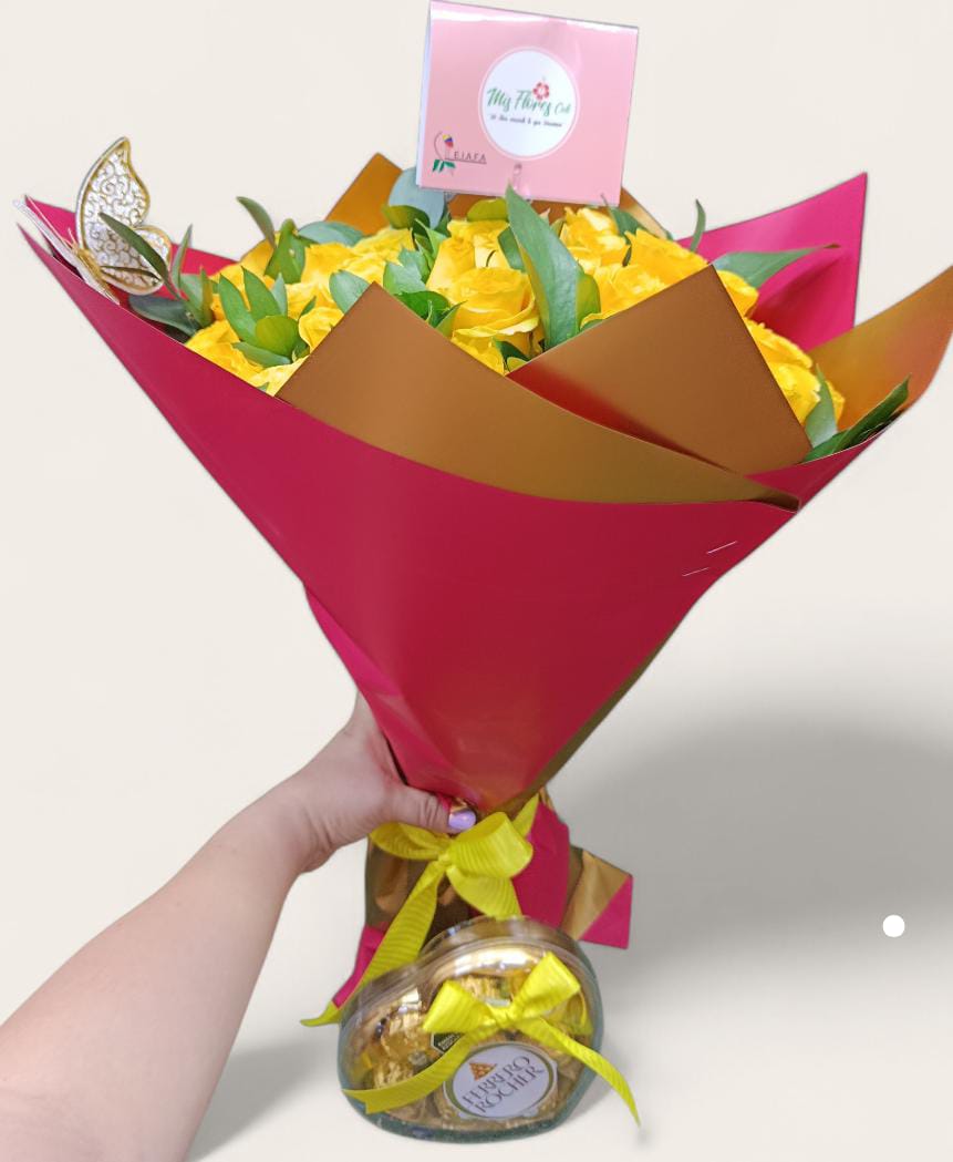 Bouquet Con Rosas Amarillas y Chocolates Ferrero