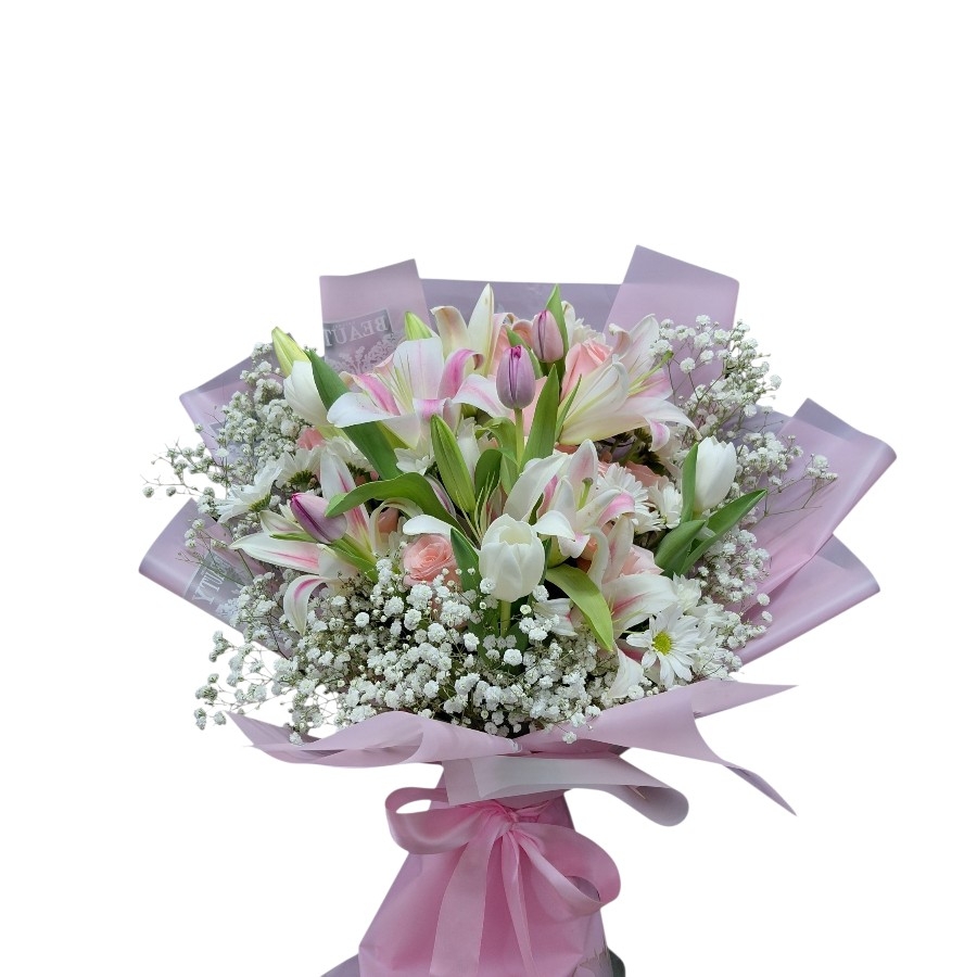 Bouquet en lirios, rosas y tulipanes