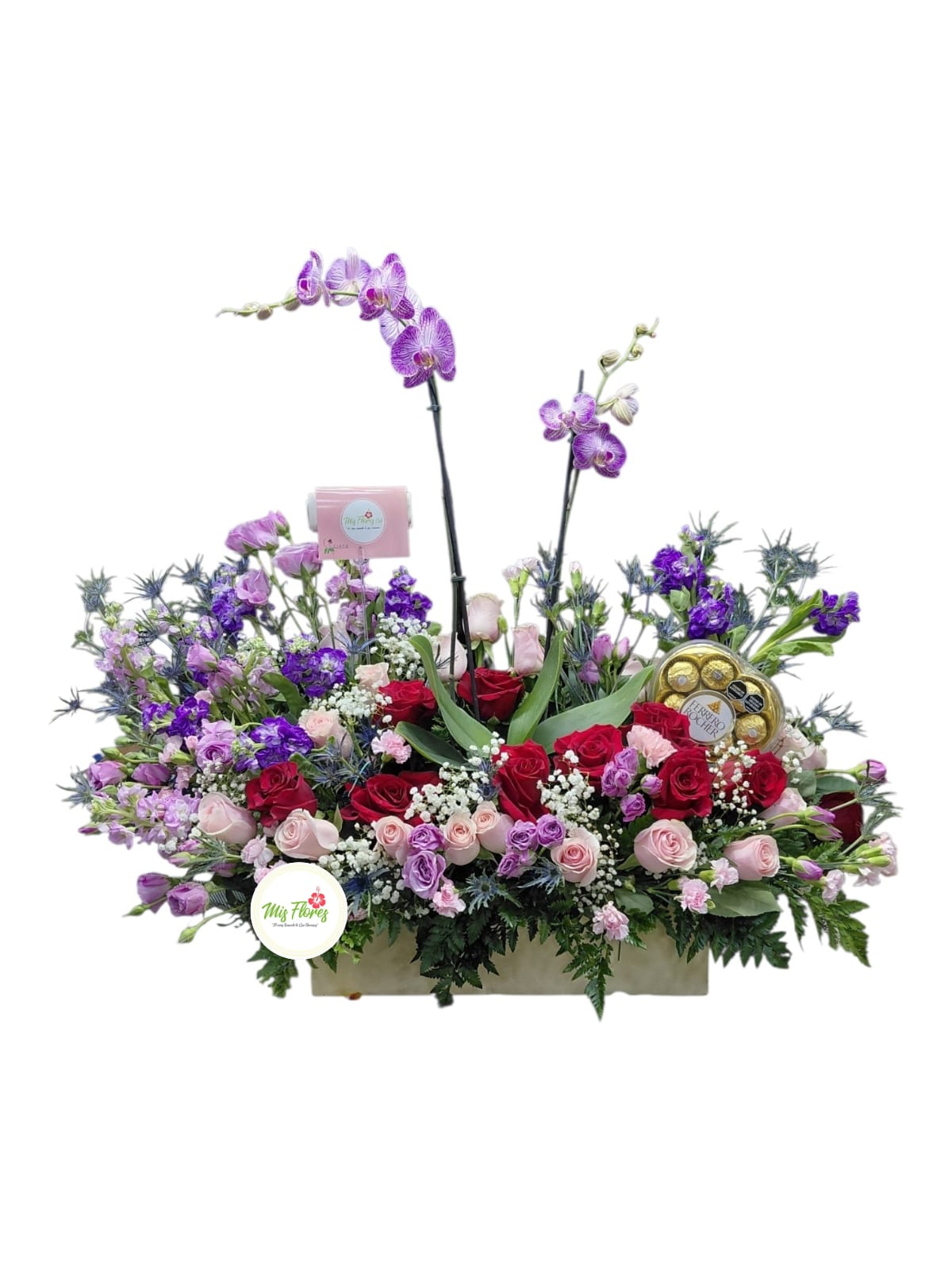 Arreglo con rosas, orquidea , chocolates y follaje